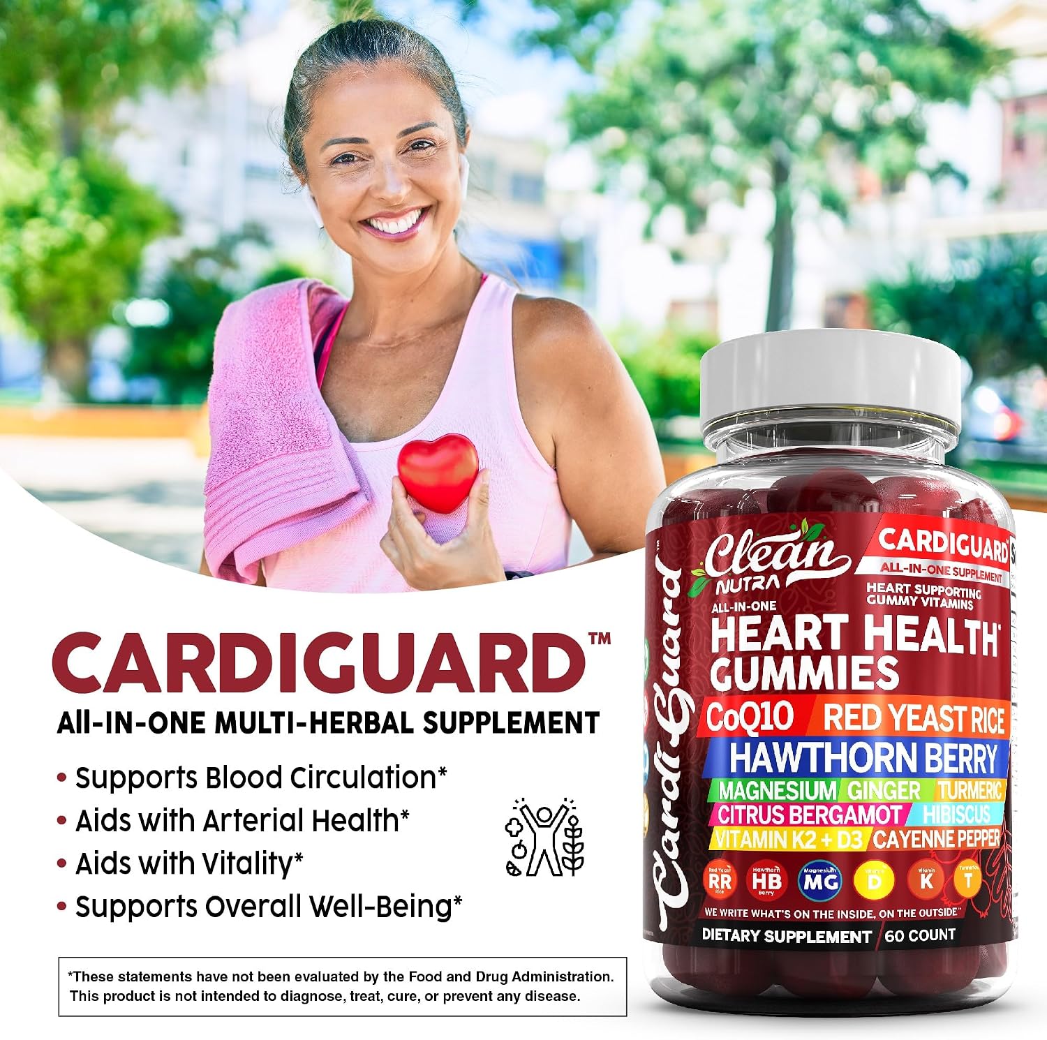 Clean Nutraceuticals CoQ10 Gummies - CardiGuard - Gominolas de Coenzima Q10 con Arroz de Levadura Roja, Espino Blanco, Jengibre, Cúrcuma, Bergamota, Hibisco, Vitamina K2+D3, Magnesio Glicinato, Pimienta de Cayena y Fenogreco - Sabor Naranja