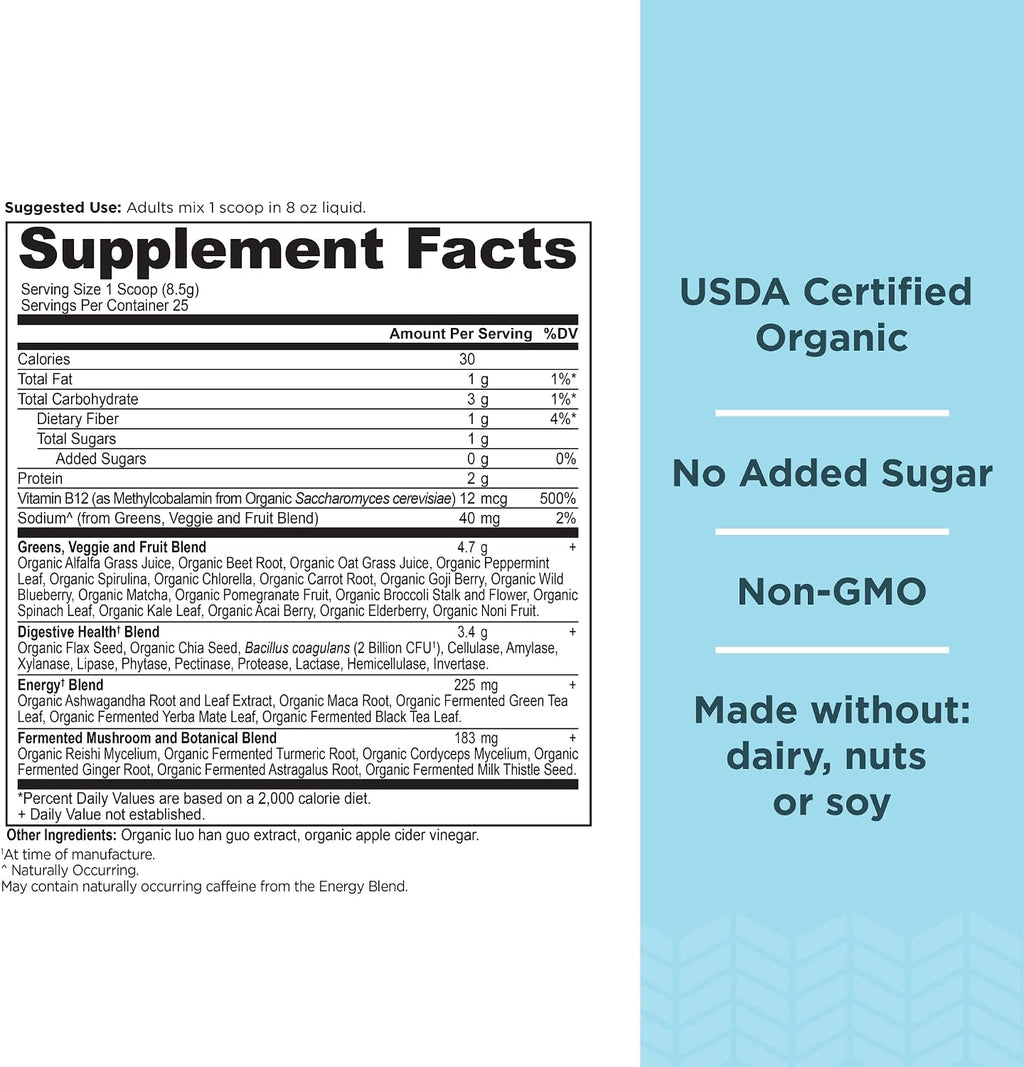 Ancient Nutrition Organic SuperGreens Energizer Powder with Probiotics and B12, Made from Real Fruits, Vegetables and Herbs, for Digestive, Detoxification and Energy Support, 25 Servings
