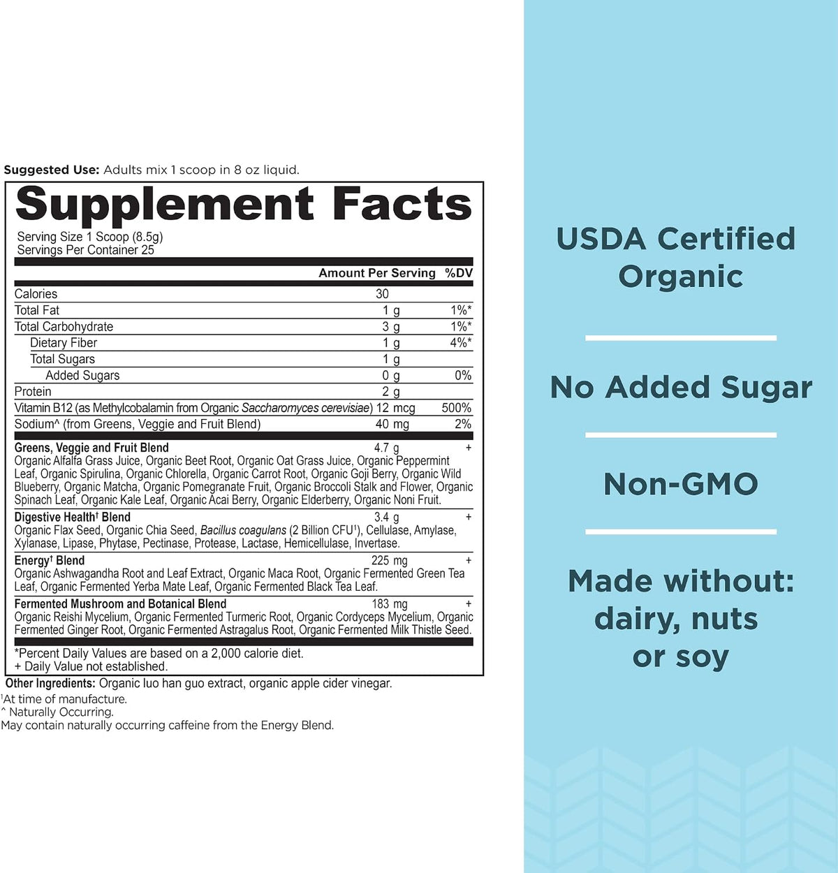 Ancient Nutrition Organic SuperGreens Energizer Powder with Probiotics and B12, Made from Real Fruits, Vegetables and Herbs, for Digestive, Detoxification and Energy Support, 25 Servings - görsel 2
