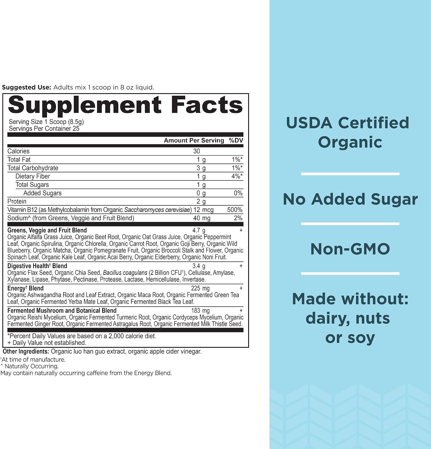 Ancient Nutrition Organic SuperGreens Energizer Powder with Probiotics and B12, Made from Real Fruits, Vegetables and Herbs, for Digestive, Detoxification and Energy Support, 25 Servings