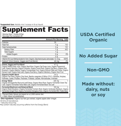 Ancient Nutrition Organic SuperGreens Energizer Powder with Probiotics and B12, Made from Real Fruits, Vegetables and Herbs, for Digestive, Detoxification and Energy Support, 25 Servings