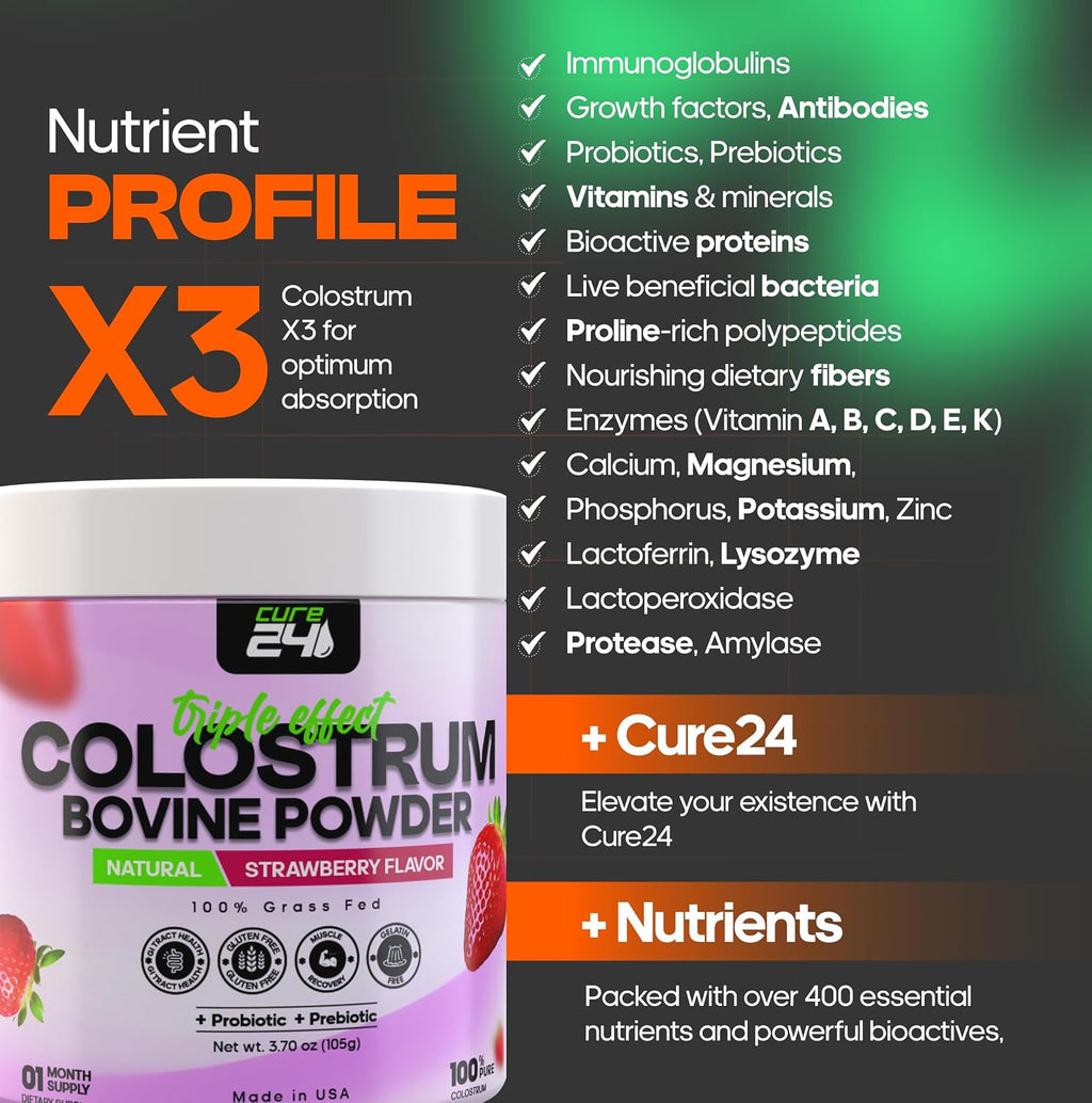 Cure24 Bovine Colostrum X3 Supplement Powder for Humans, 100% Pure Whole Natural Grass Fed Superfood, High IgG, Plus Probiotic & Prebiotic, Strawberry
