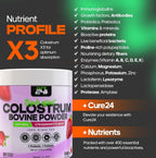 Cure24 Bovine Colostrum X3 Supplement Powder for Humans, 100% Pure Whole Natural Grass Fed Superfood, High IgG, Plus Probiotic & Prebiotic, Strawberry