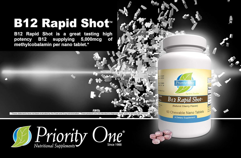 Priority One Vitamins B12 Rapid Shot 60 Comprimidos Masticables Nano - Metilcobalamina Vitamina B12