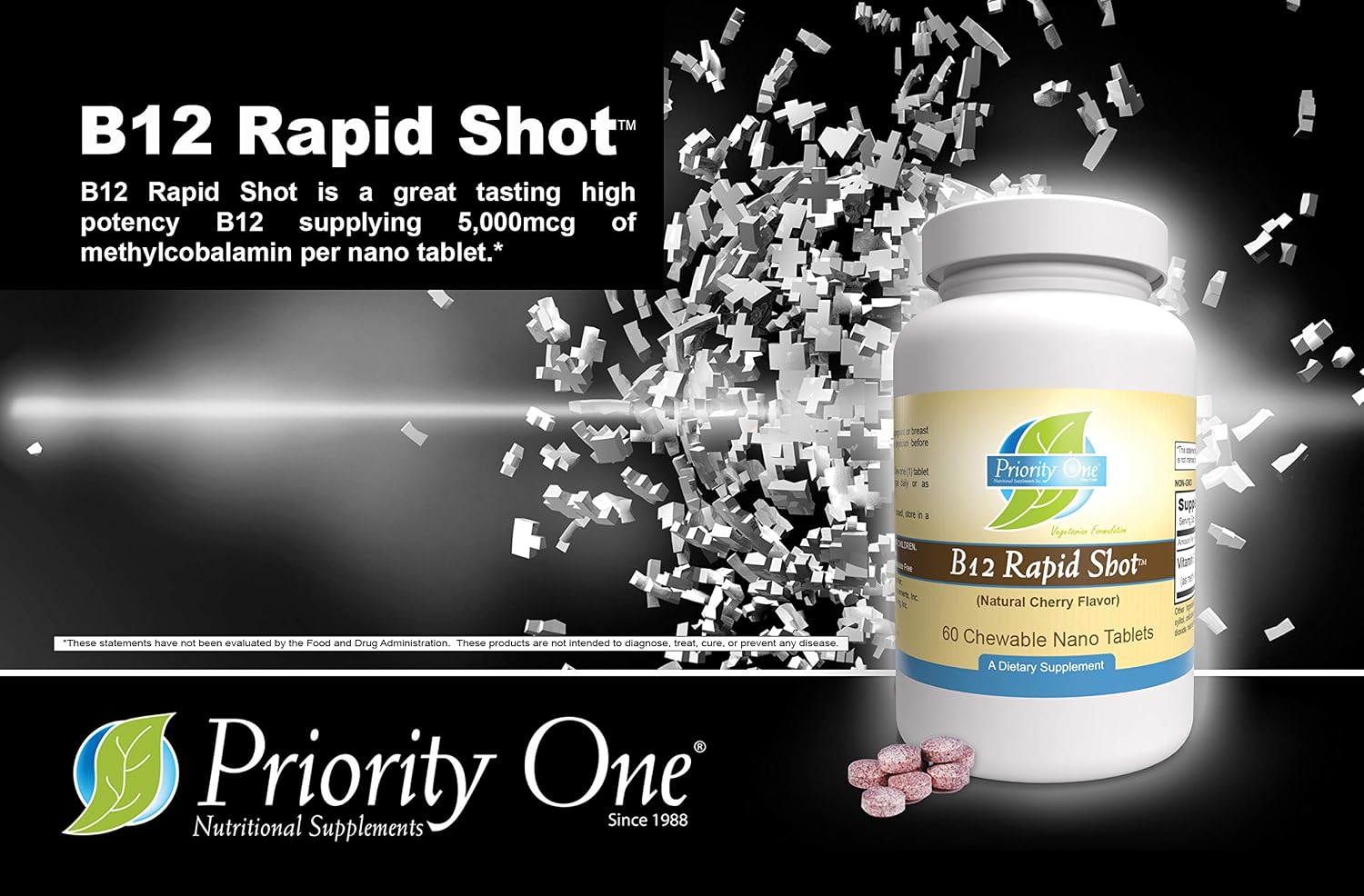 Priority One Vitamins B12 Rapid Shot 60 Comprimidos Masticables Nano - Metilcobalamina Vitamina B12