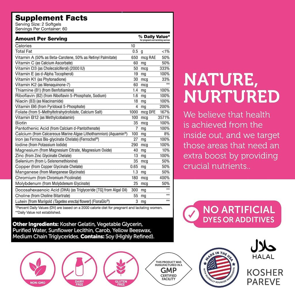 Zahler Prenatal +DHA 300 - Vitaminas prenatales con folato metilado y DHA - 120 cápsulas blandas