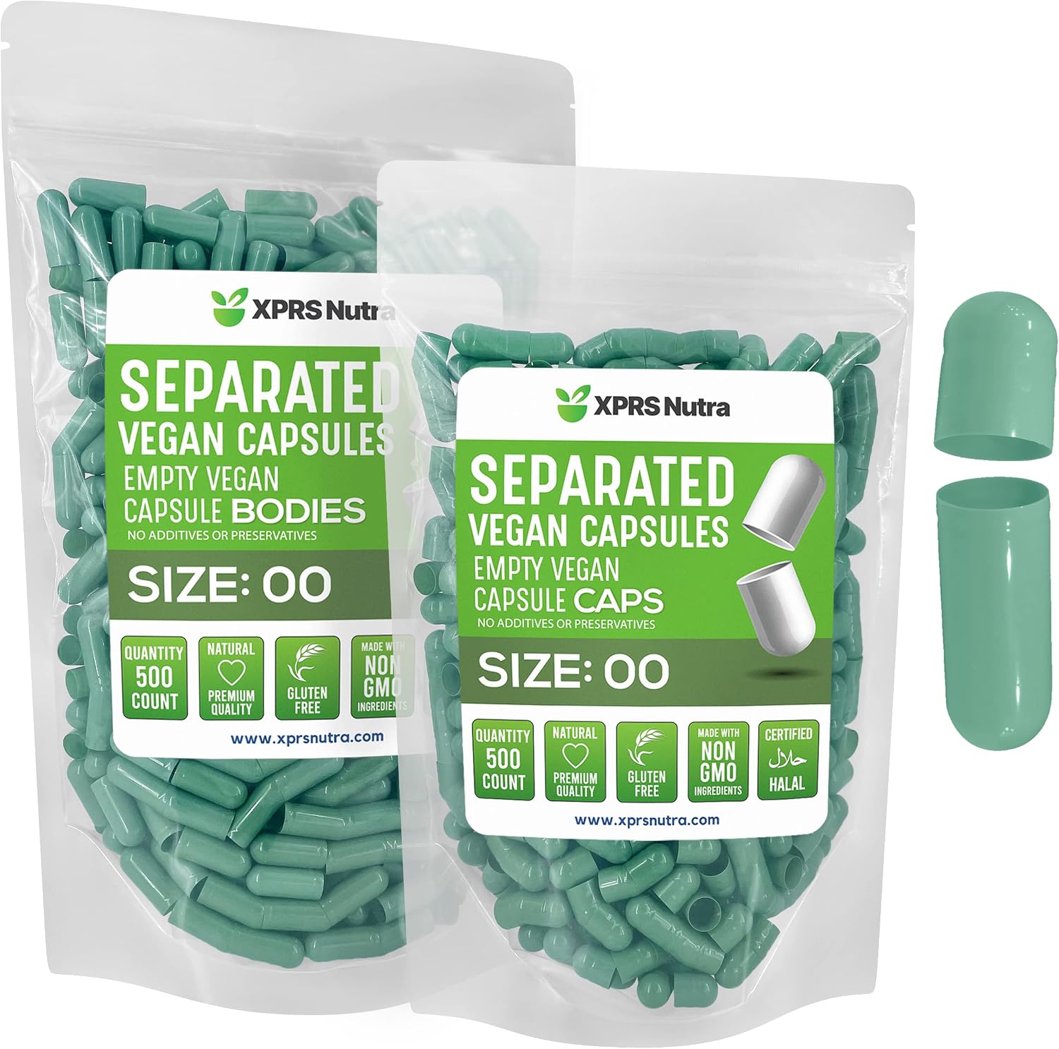XPRS Nutra Cápsulas Veganas Vacías Tamaño 00 Separadas - 500 Unidades (Verde Salvia)