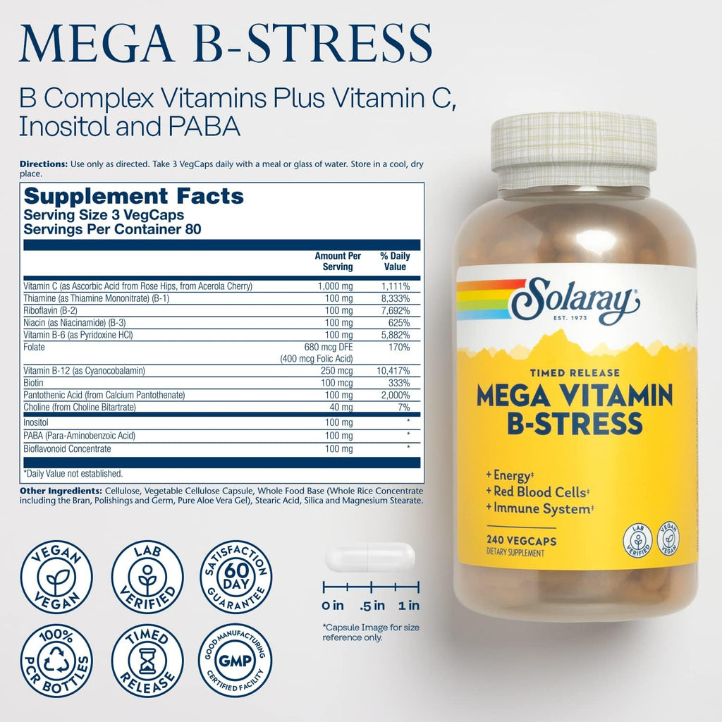 SOLARAY Mega Vitamin B-Stress - B Complex with Vitamin C, Sustained Release, 240 Tablets
