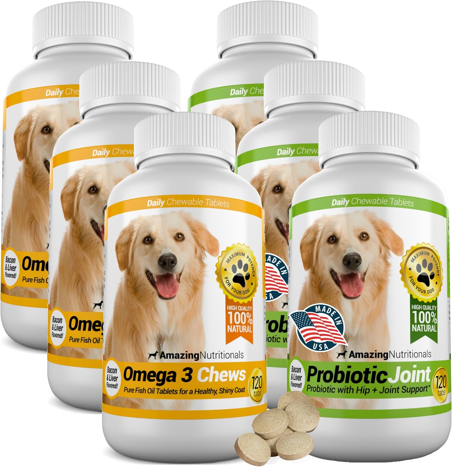 Amazing Nutritionals Combo Omega-3 y Probióticos para Perros - 120 Masticables