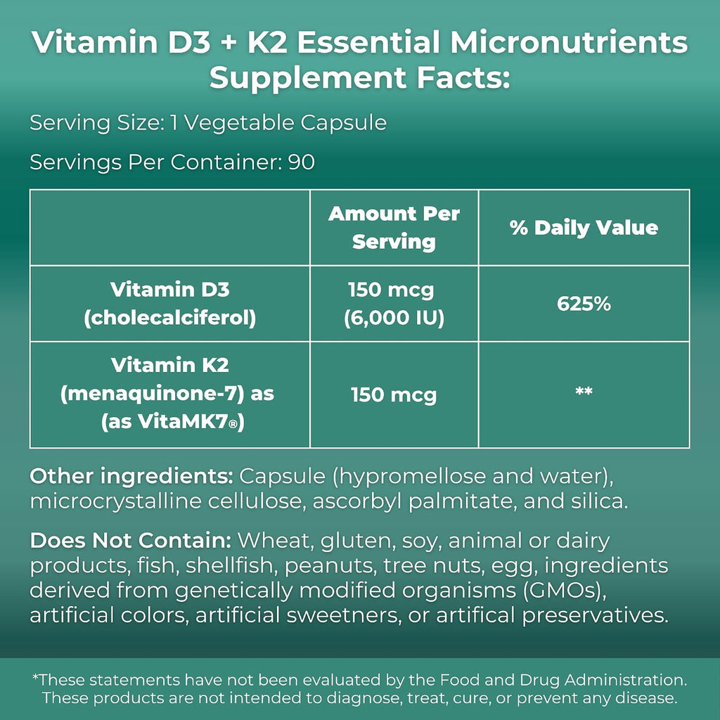 MYOXCIENCE Vitamina D3 + K2 Micronutrientes Esenciales | 6000 UI D3 + 150 mcg K2 MK-7 | 90 Cápsulas Vegetales