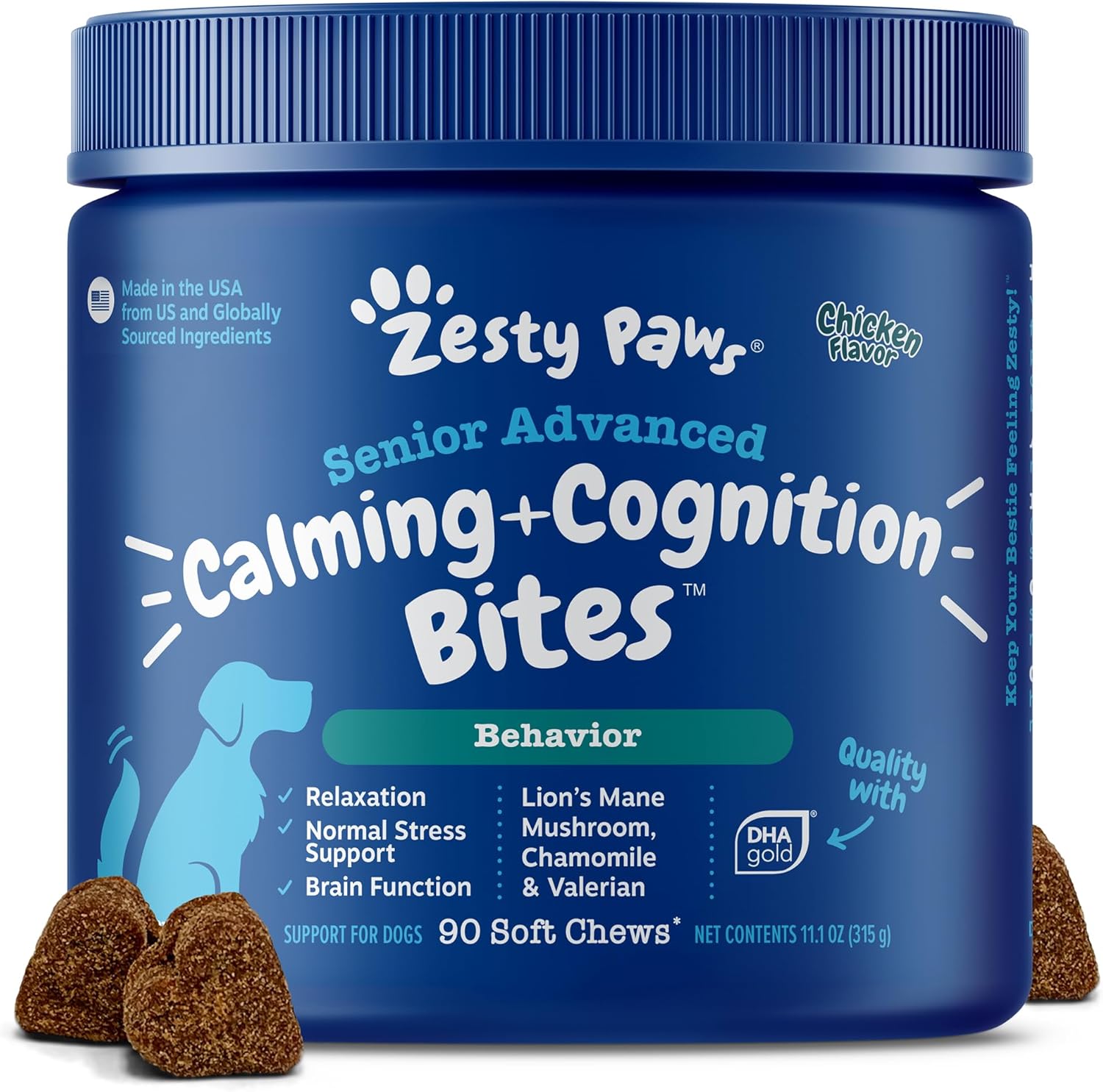 Zesty Paws Senior Advanced Calming & Cognition Soft Chews - Suplemento para perros con Ashwagandha y DHA