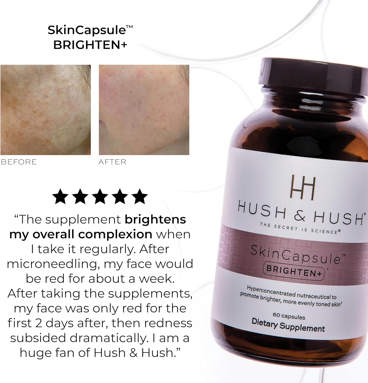 Hush & Hush Brighten+ Suplemento de Vitamina C para Piel Radiante, 60 Cápsulas