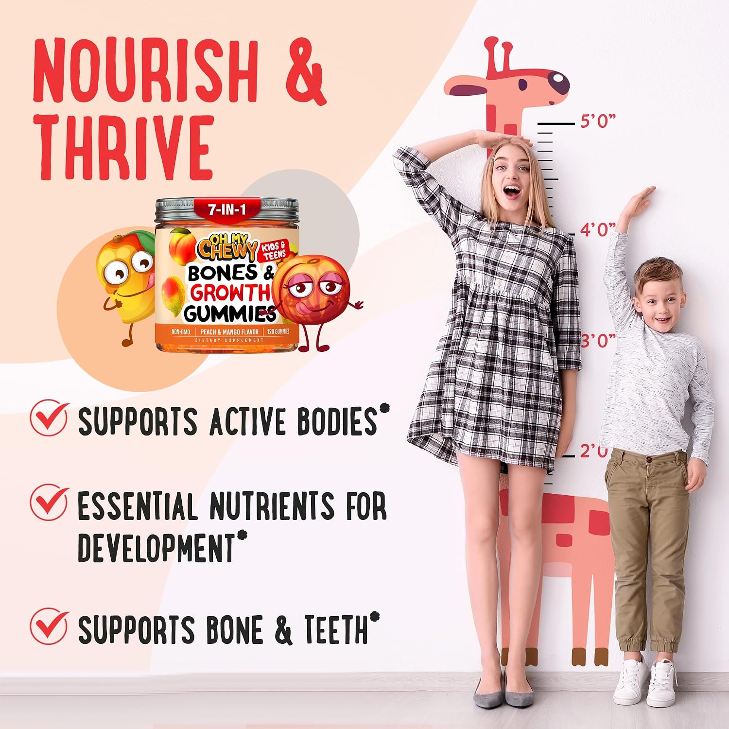 OH MY CHEWY Gomitas de Crecimiento para Niños y Adolescentes - Suplemento con Calcio, Zinc, Vitamina D3, K2, Espirulina y Astrágalo - Sabor Melocotón y Mango 60 Unidades