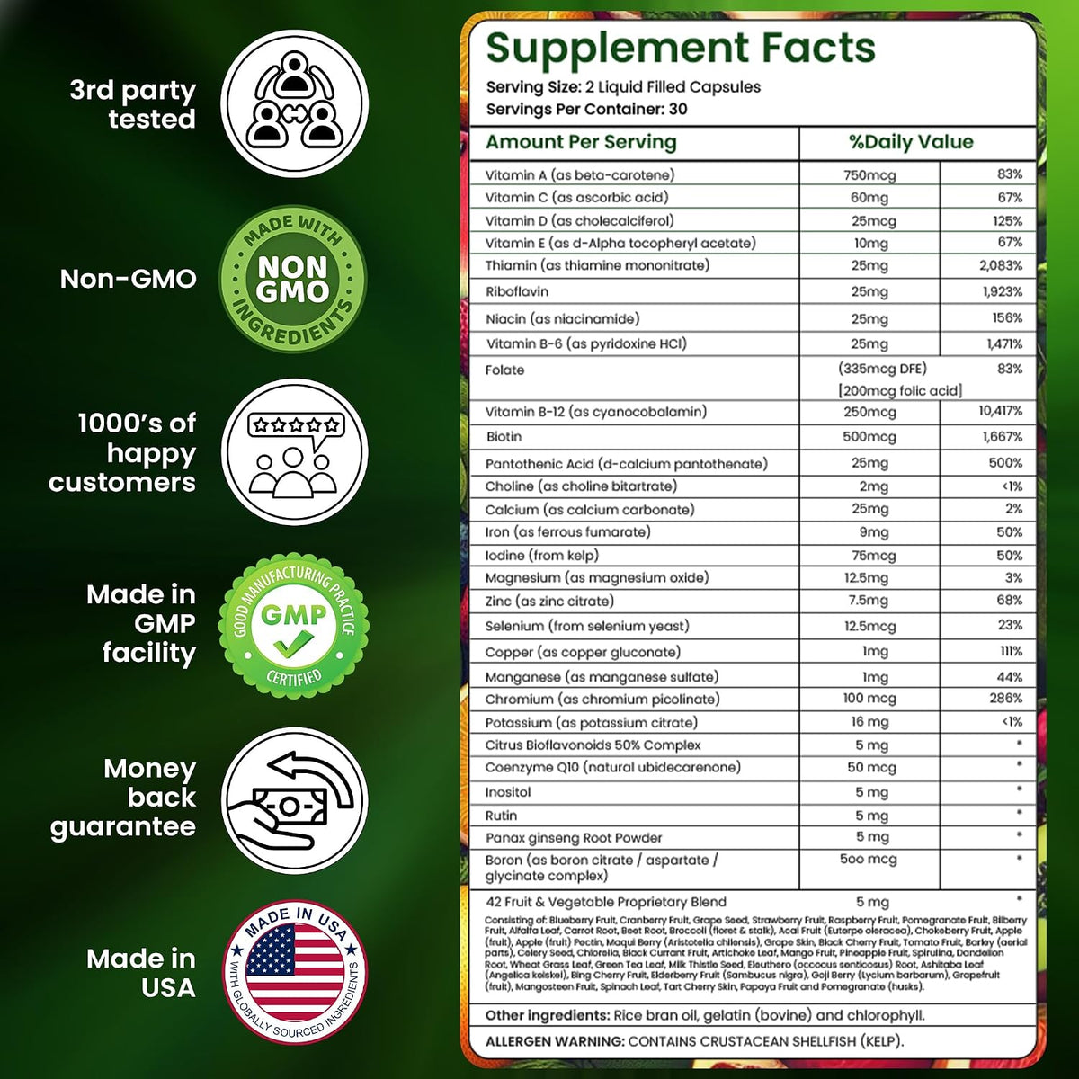 AAMATEC LIFE Multivitamínico con Zinc y Mezcla de 42 Frutas y Verduras - 60 Cápsulas - görsel 6
