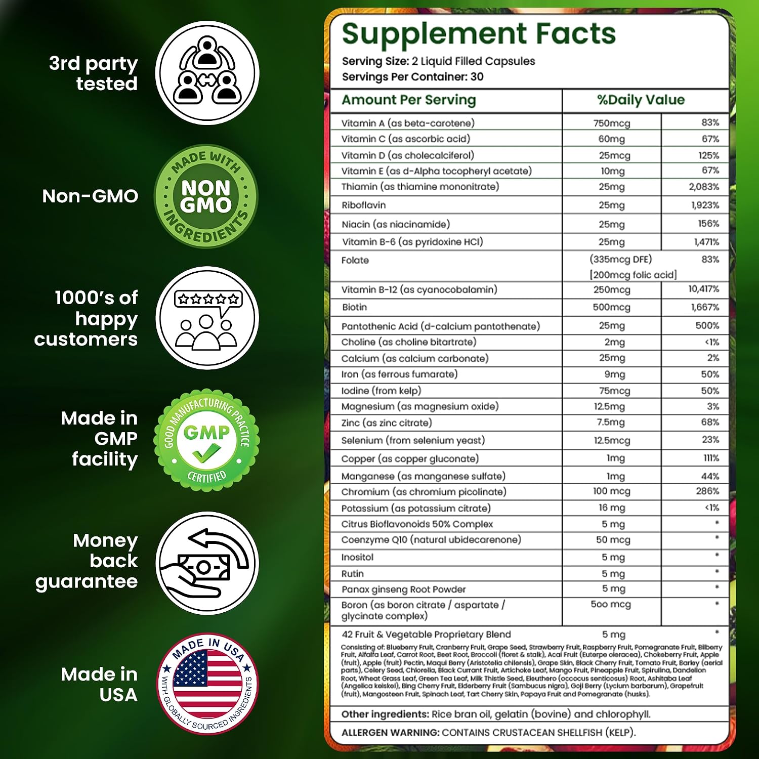 AAMATEC LIFE Multivitamínico con Zinc y Mezcla de 42 Frutas y Verduras - 60 Cápsulas
