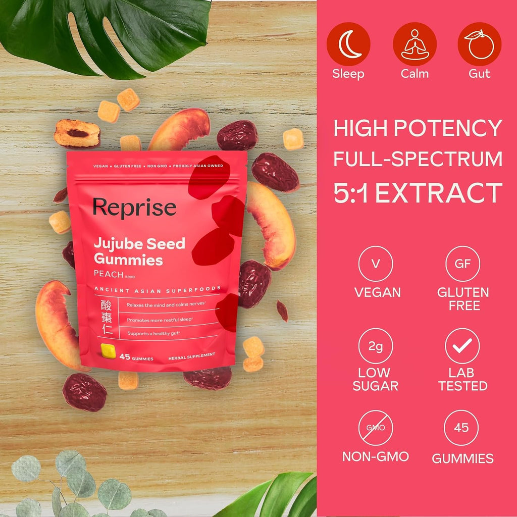 Reprise Jujube Seeds in Daily Gummies, 300 mg Full-Spectrum Jujube Seeds, Vegan, Gelatin Free, Peach Flavored, 40 Gummies