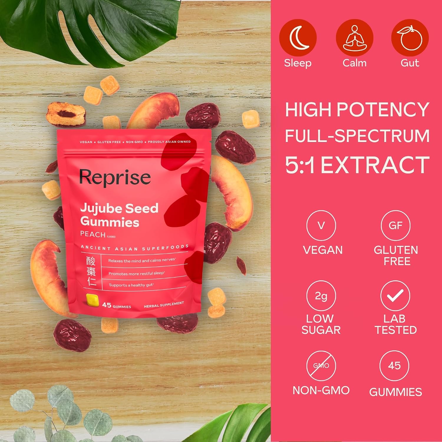 Reprise Jujube Seeds in Daily Gummies, 300 mg Full-Spectrum Jujube Seeds, Vegan, Gelatin Free, Peach Flavored, 40 Gummies