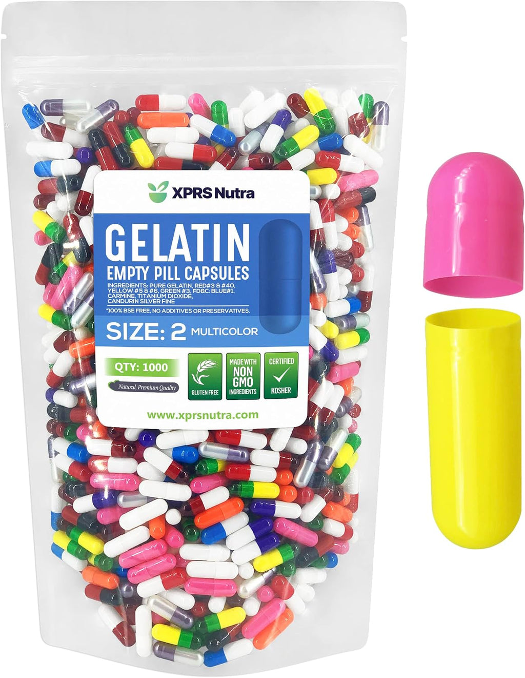 XPRS Nutra Cápsulas Vacías Tamaño 2 - 500 uds - Cápsulas de Gelatina Bovina para Rellenar - Multicolor