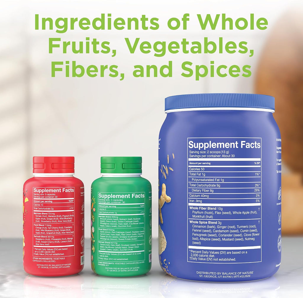 Balance of Nature Whole Health System - Whole Food Fruits & Veggies and Fiber & Spice Supplements - 30 Servings Each