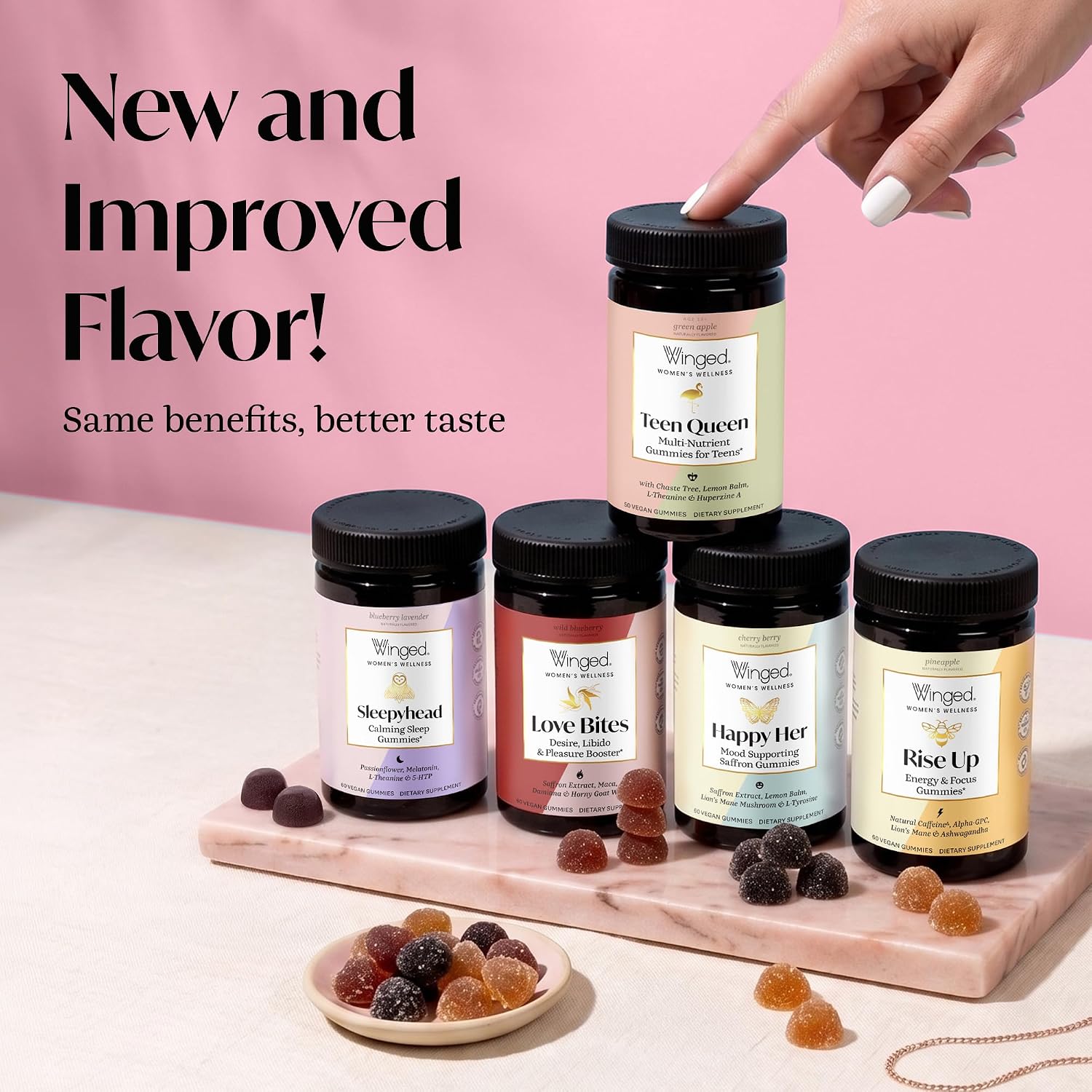 Winged Wellness Happy Her Mood Gummies - Gomitas de humor para mujeres - 60 gomitas veganas
