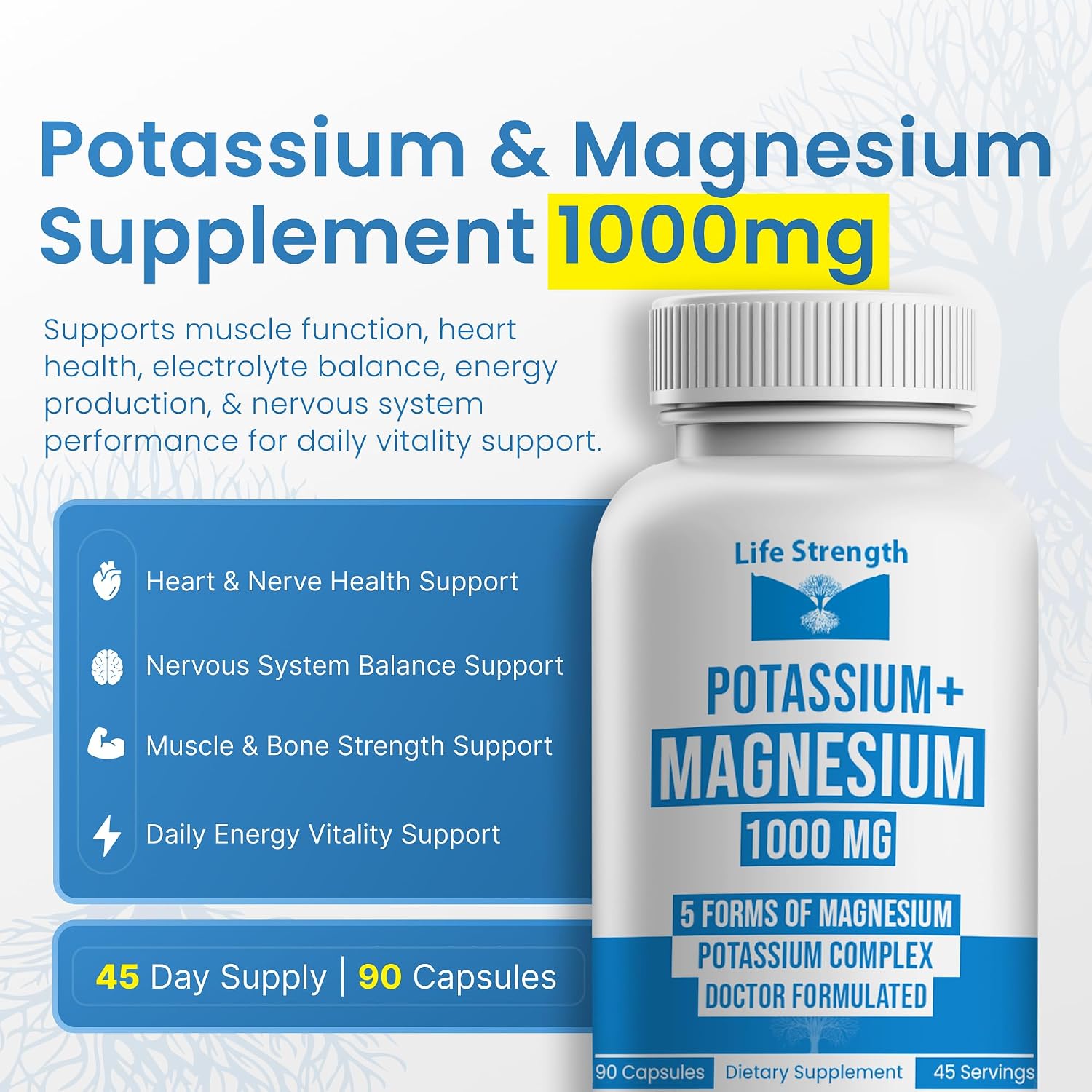 Life Strength Potasio y Magnesio 1000mg - 90 Cápsulas