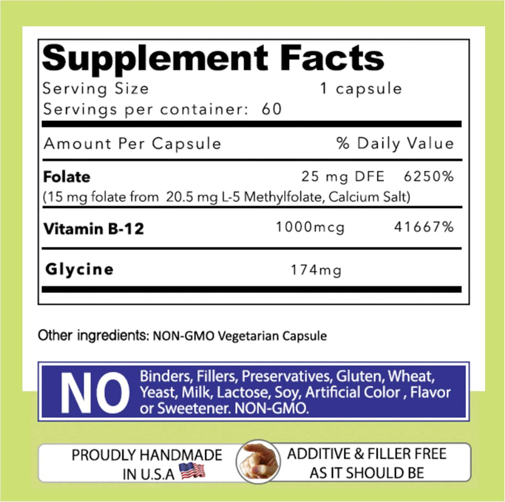 L-Metilfolato 15 mg + B12 (1000 mcg) - 60 Cápsulas - Metilado y Glicina