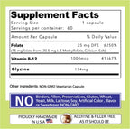 L-Metilfolato 15 mg + B12 (1000 mcg) - 60 Cápsulas - Metilado y Glicina