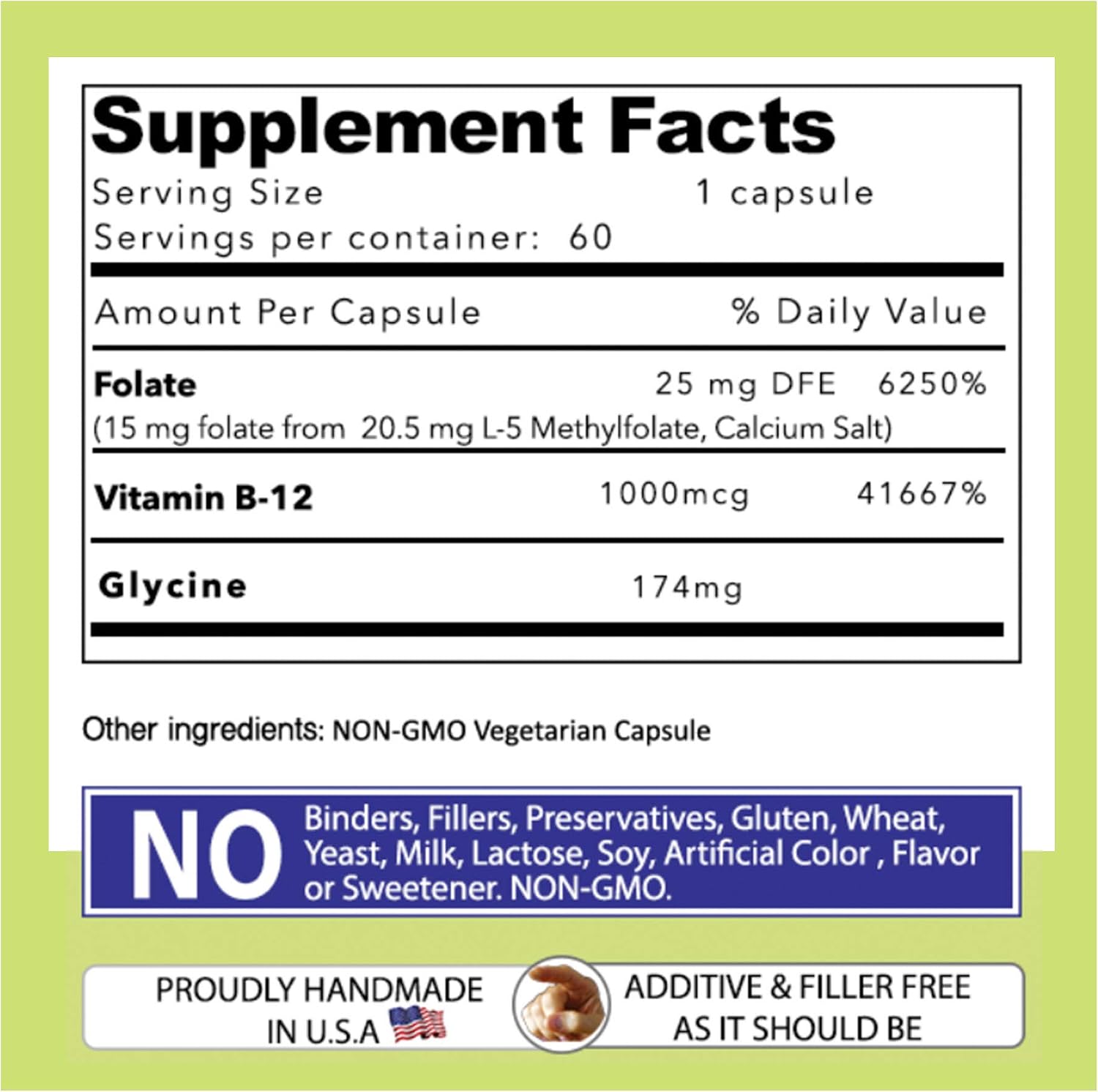 L-Metilfolato 15 mg + B12 (1000 mcg) - 60 Cápsulas - Metilado y Glicina
