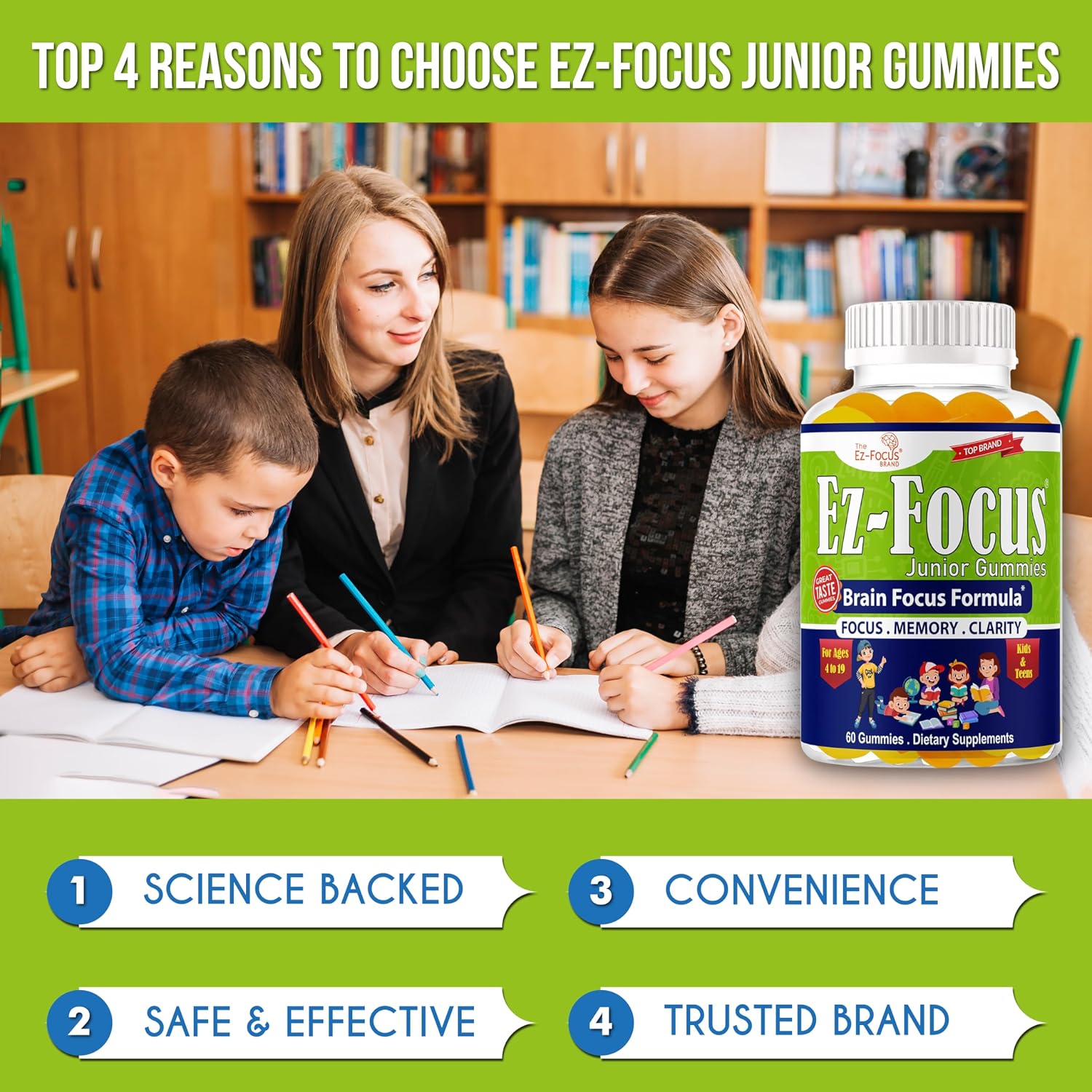 Ez-Focus Junior Gomitas de DHA para niños y adolescentes: memoria, concentración y enfoque, 60 gomitas masticables
