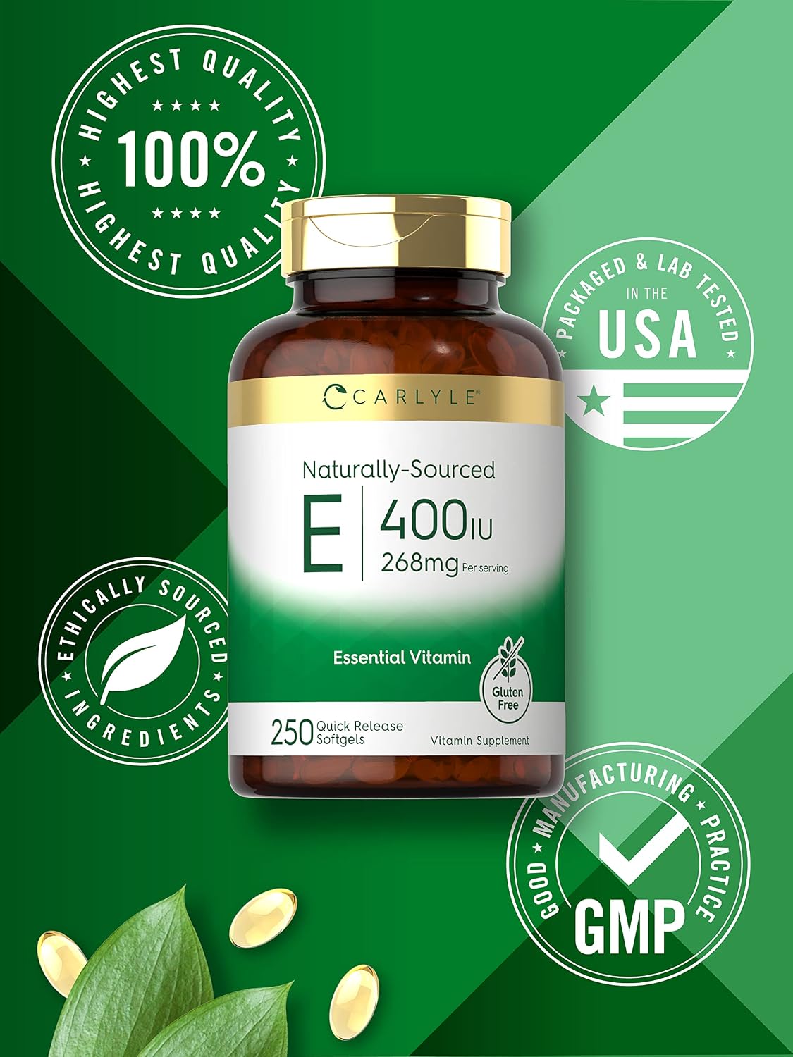 Carlyle Vitamina E 400 UI, 250 Cápsulas Blandas – Suplemento Natural