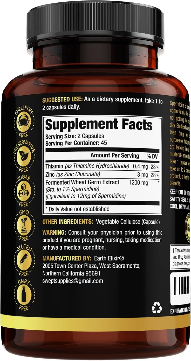 Earth Elixir Espermidina 1200mg (90 Cápsulas) – Antiaging – Extracto de Germen de Trigo Fermentado