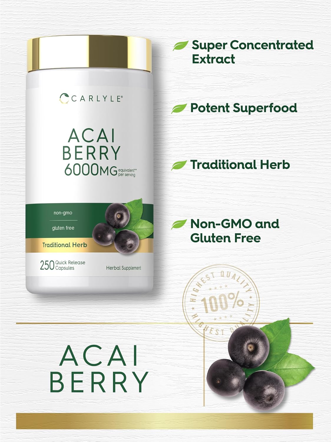 Carlyle Acai Berry – 250 Cápsulas | Complemento Alimenticio de Extracto Tradicional