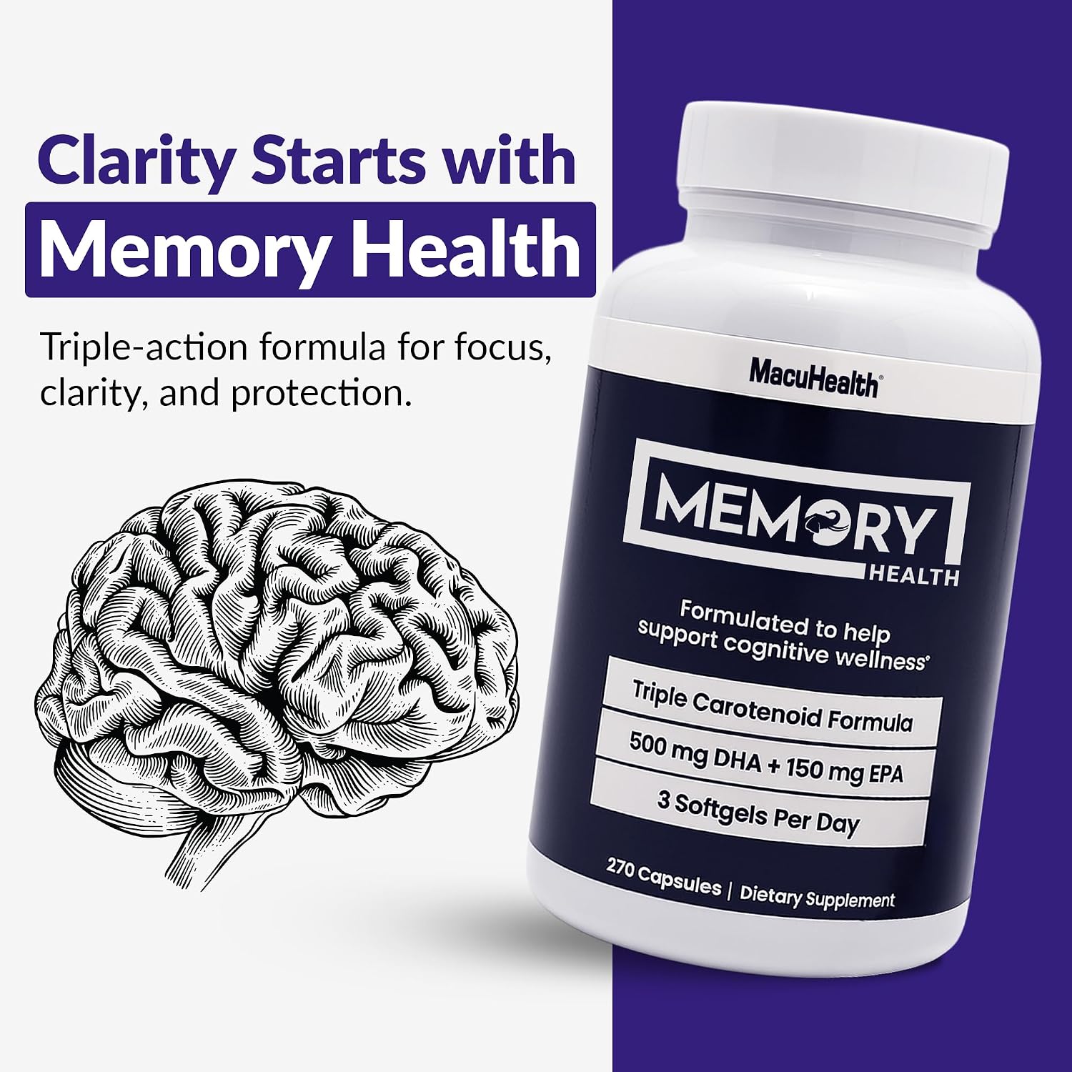 Memory Health Softgels con Omega-3, Carotenoides y Vitamina E – 270 Cápsulas (90 Días)
