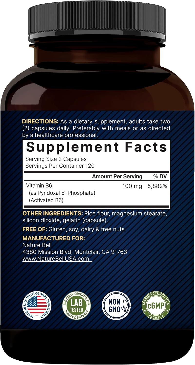 NatureBell P5P Vitamina B6 100mg por dosis, 240 Cápsulas - Piridoxal-5-Fosfato Activado