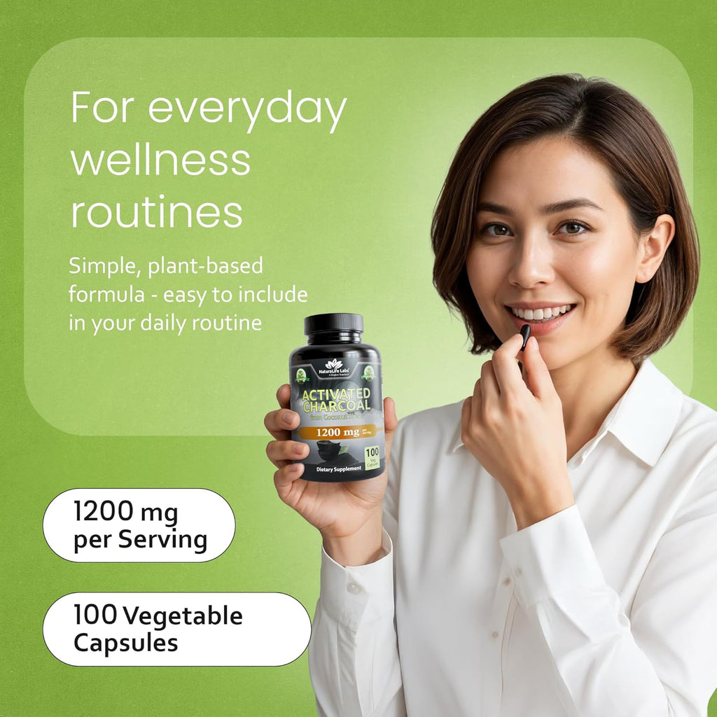 NaturaLife Labs Carbón Activado 1200 mg por dosis - 100 Cápsulas Veganas - No GM, Sin Gluten, Vegano