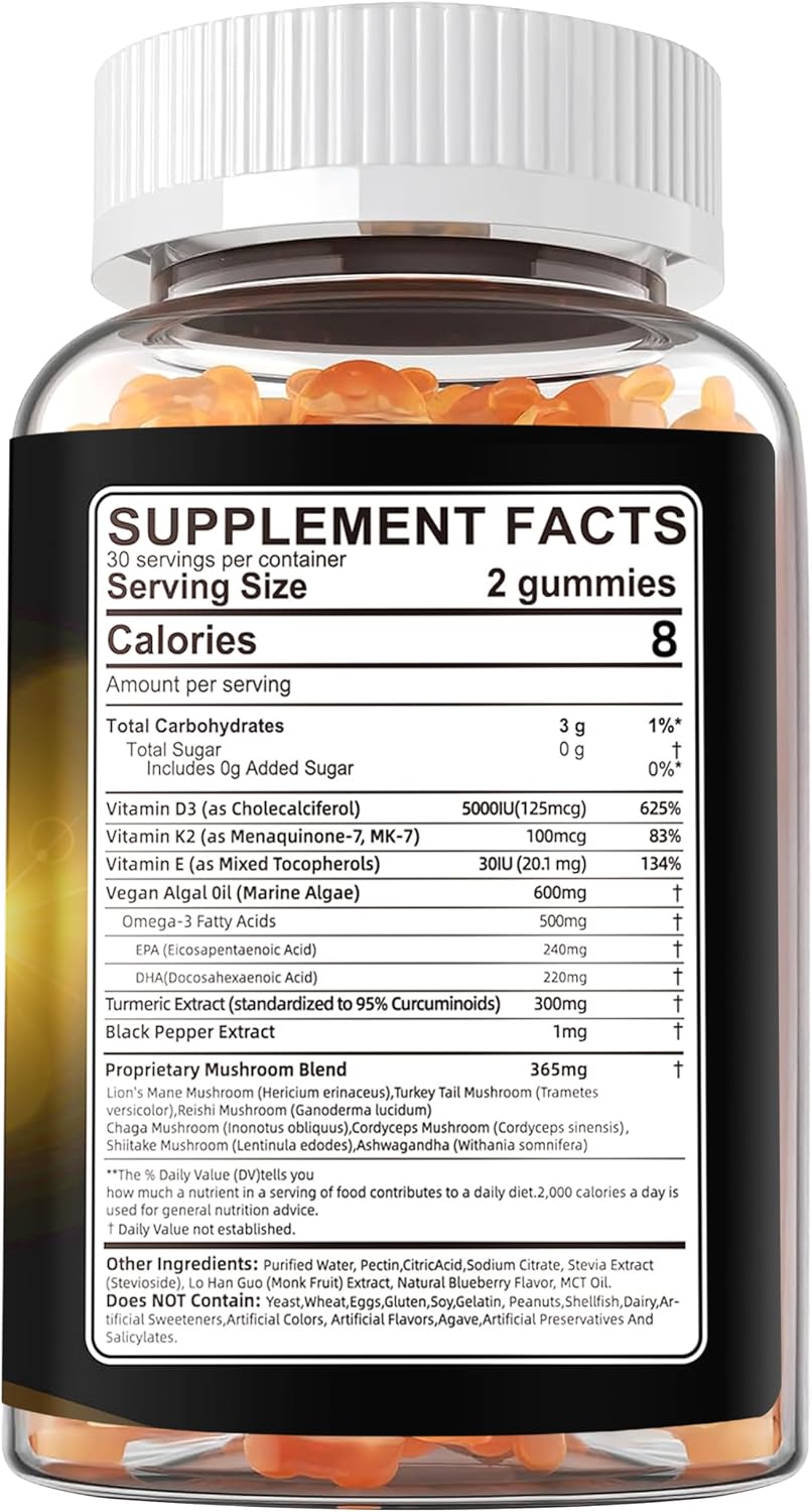 Vitamina D3 5000 UI (125 mcg) + Vitamina K2 (MK-7) Gominolas con Omega 3 de Algas | Máxima Potencia | Vegano, Sin Azúcar
