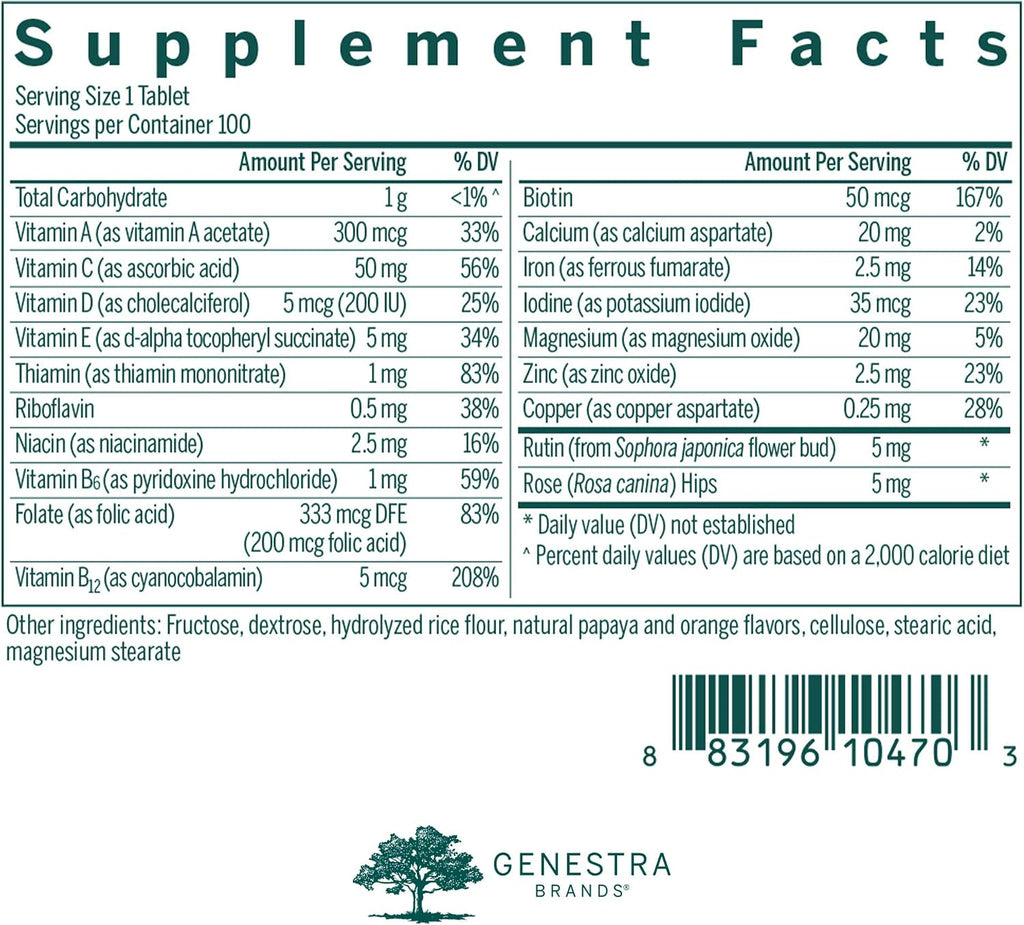 Genestra Brands Vitaminas Masticables para Niños | Suplemento de Vitaminas y Minerales | 100 Comprimidos | Sabor Natural a Papaya y Naranja