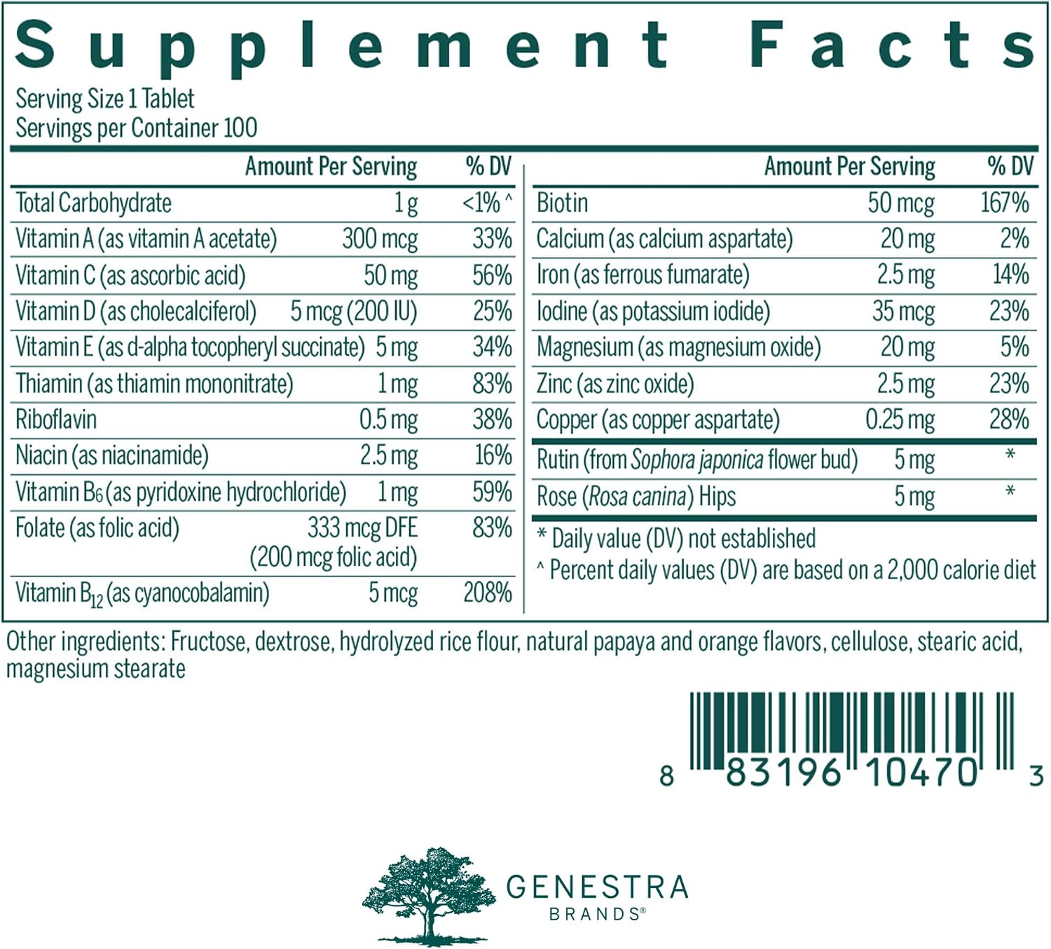 Genestra Brands Vitaminas Masticables para Niños | Suplemento de Vitaminas y Minerales | 100 Comprimidos | Sabor Natural a Papaya y Naranja