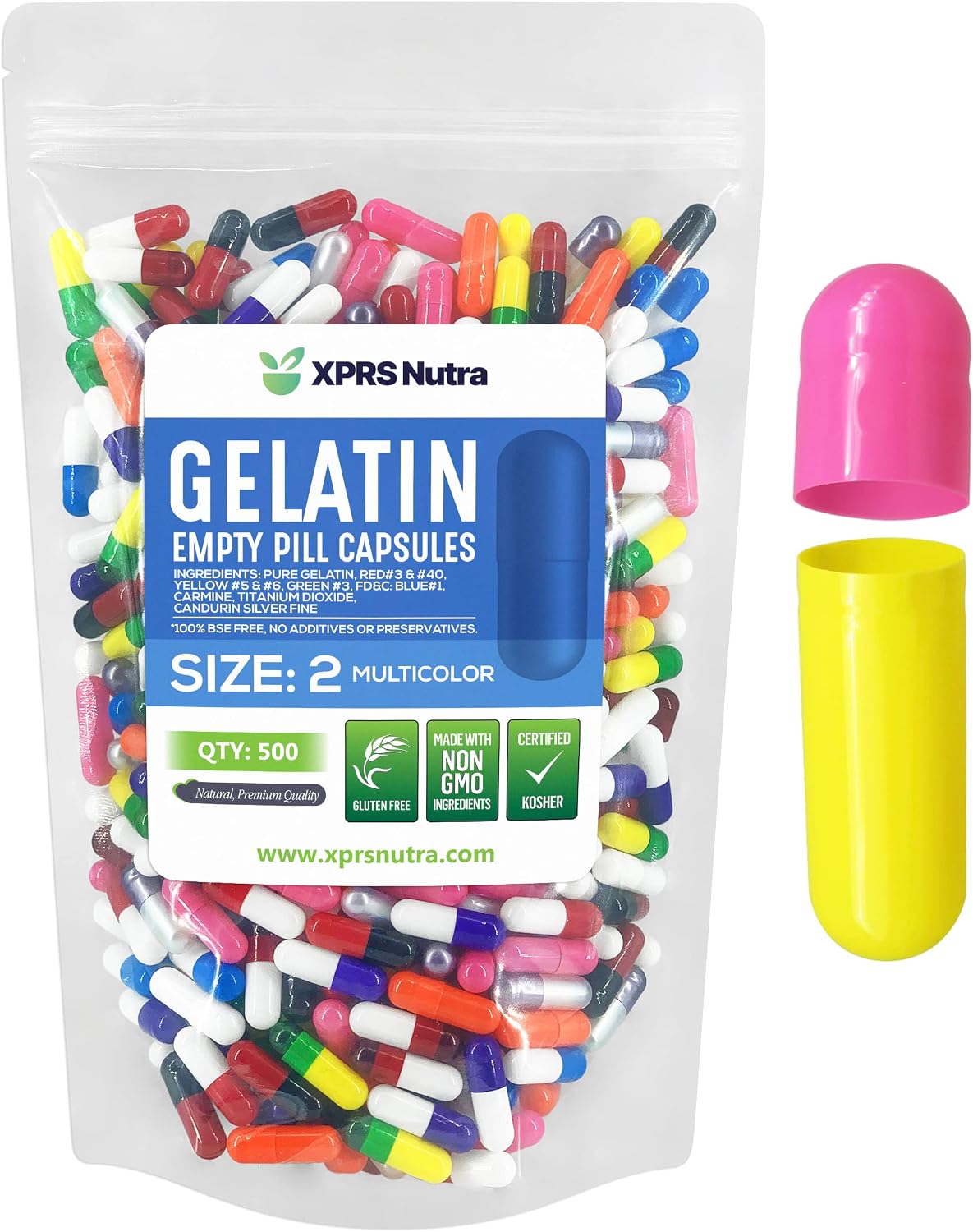 XPRS Nutra Cápsulas Vacías Tamaño 2 - 500 uds - Cápsulas de Gelatina Bovina para Rellenar - Multicolor