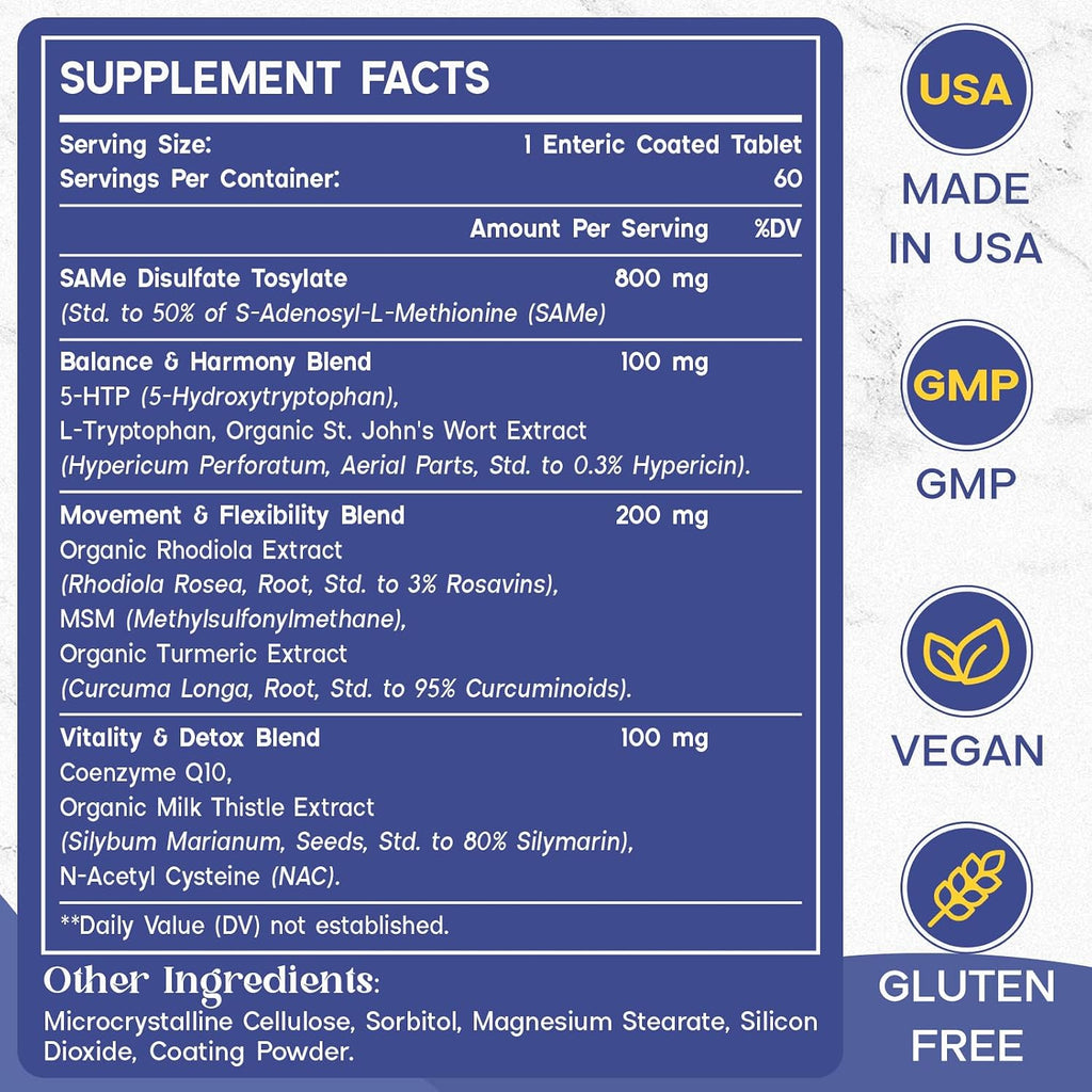 Enerlix SAM-e 1200 mg con CoQ10 y 5-HTP - 60 Comprimidos Recubiertos Entéricos Veganos