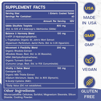 Enerlix SAM-e 1200 mg con CoQ10 y 5-HTP - 60 Comprimidos Recubiertos Entéricos Veganos – Image 2