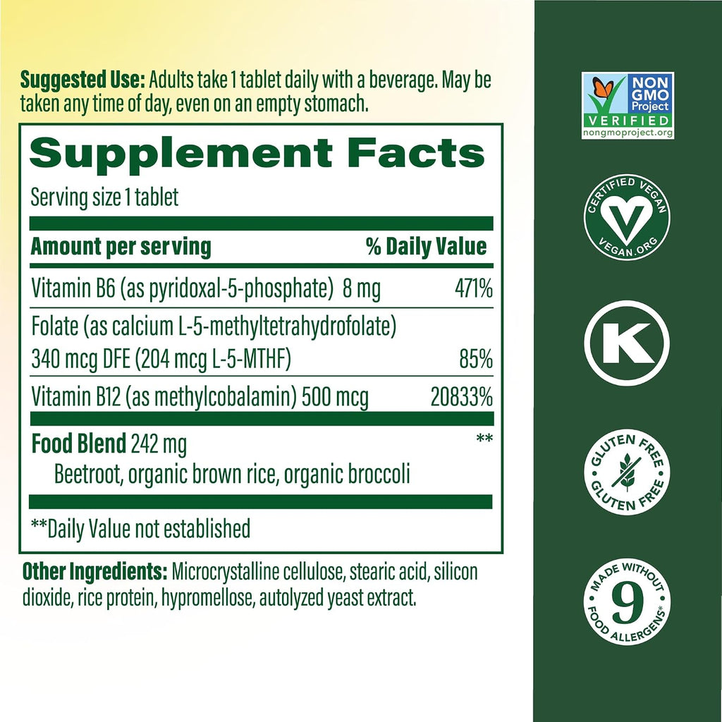 MegaFood Methyl B12 - B Complex with Methylfolate and B6 - Vegan - 90 Tablets