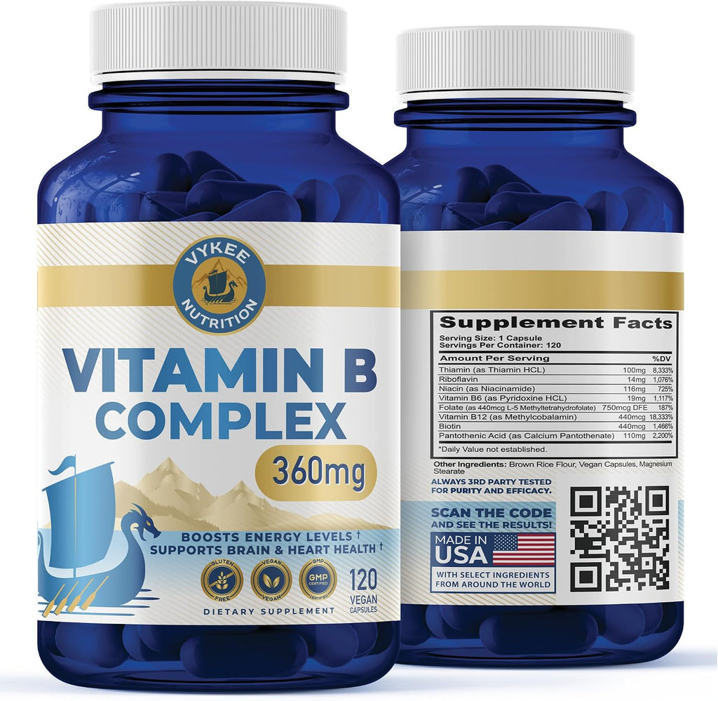 Vykee Nutrition Complejo B – Vitaminas B de Alta Potencia con Folato 750mcg, B12 440mcg y Biotina – Vegano y No GMO – 120 Cápsulas