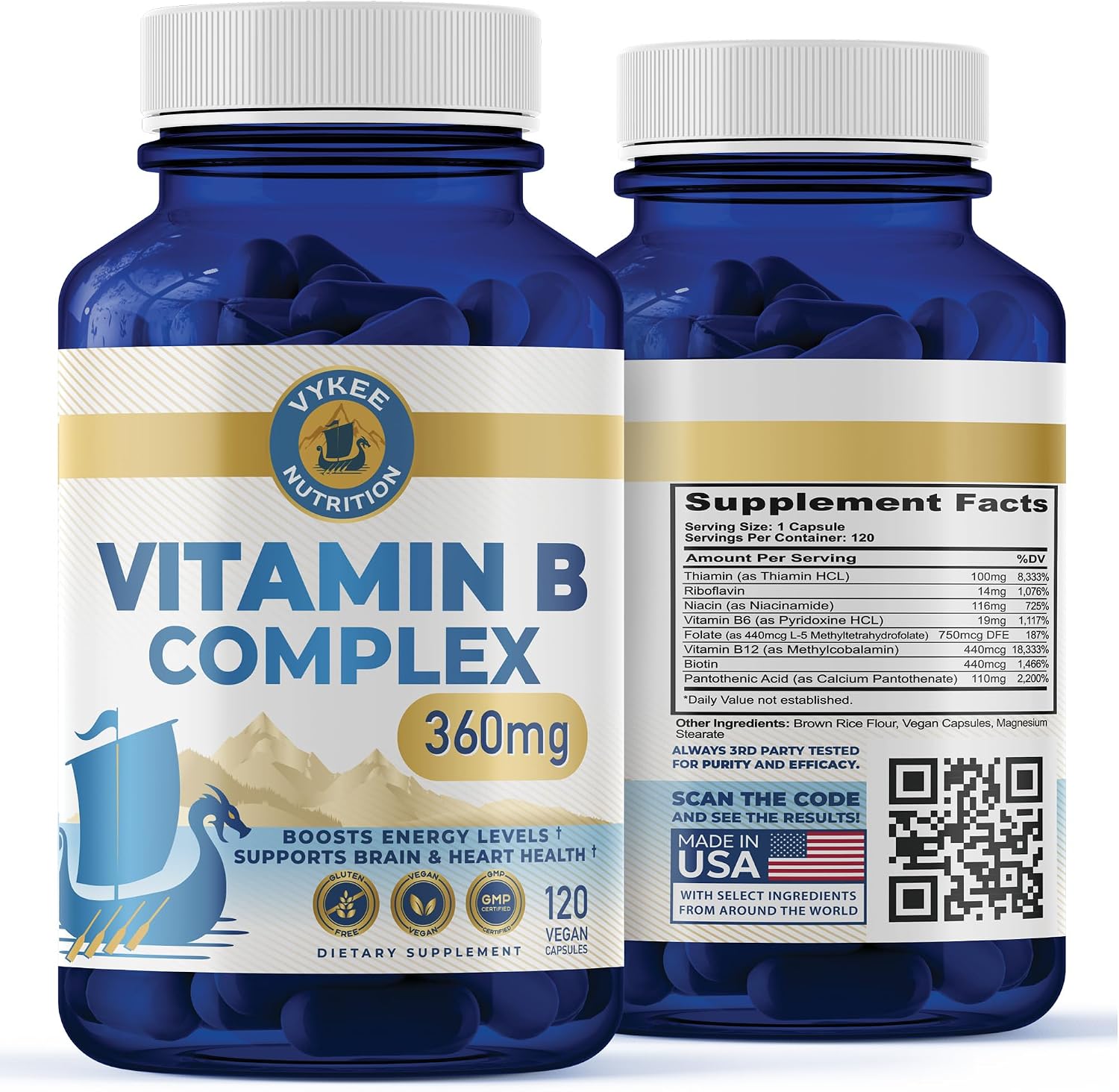Vykee Nutrition Complejo B – Vitaminas B de Alta Potencia con Folato 750mcg, B12 440mcg y Biotina – Vegano y No GMO – 120 Cápsulas