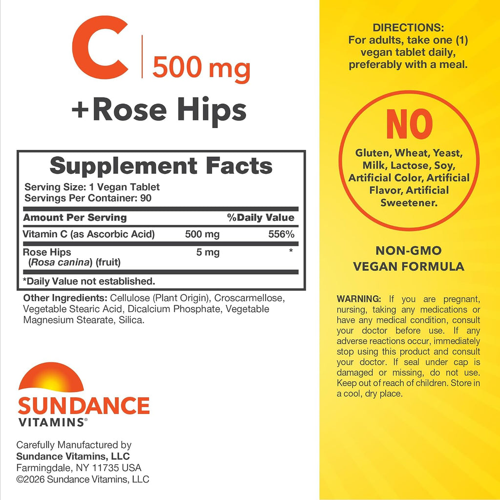 Sundance Vitamina C con Rosa Mosqueta | 500mg | 90 Comprimidos Vegetarianos