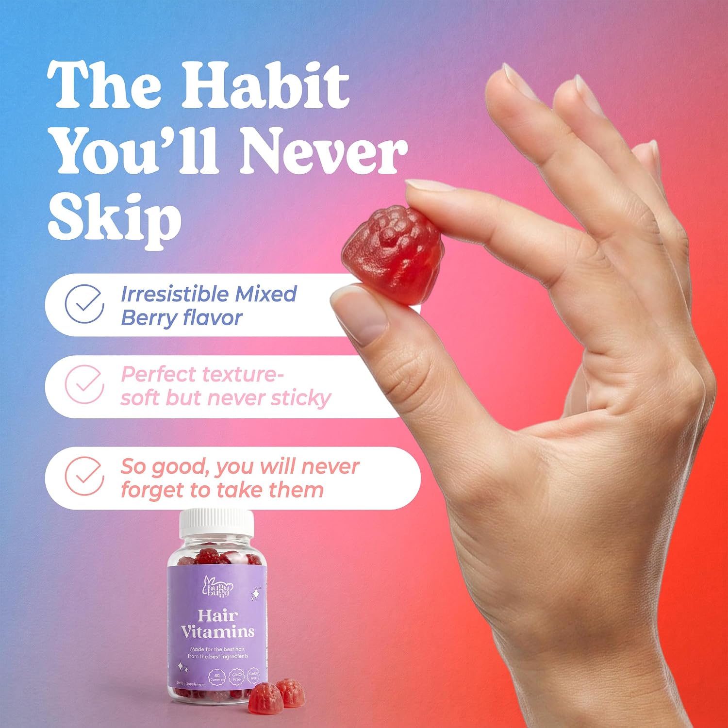 Hunny Bunny Gominolas para Cabello, Piel y Uñas, Biotina con Ácido Fólico, B12, Colágeno, Zinc, Sin Gelatina, No GMO, 60 Gominolas