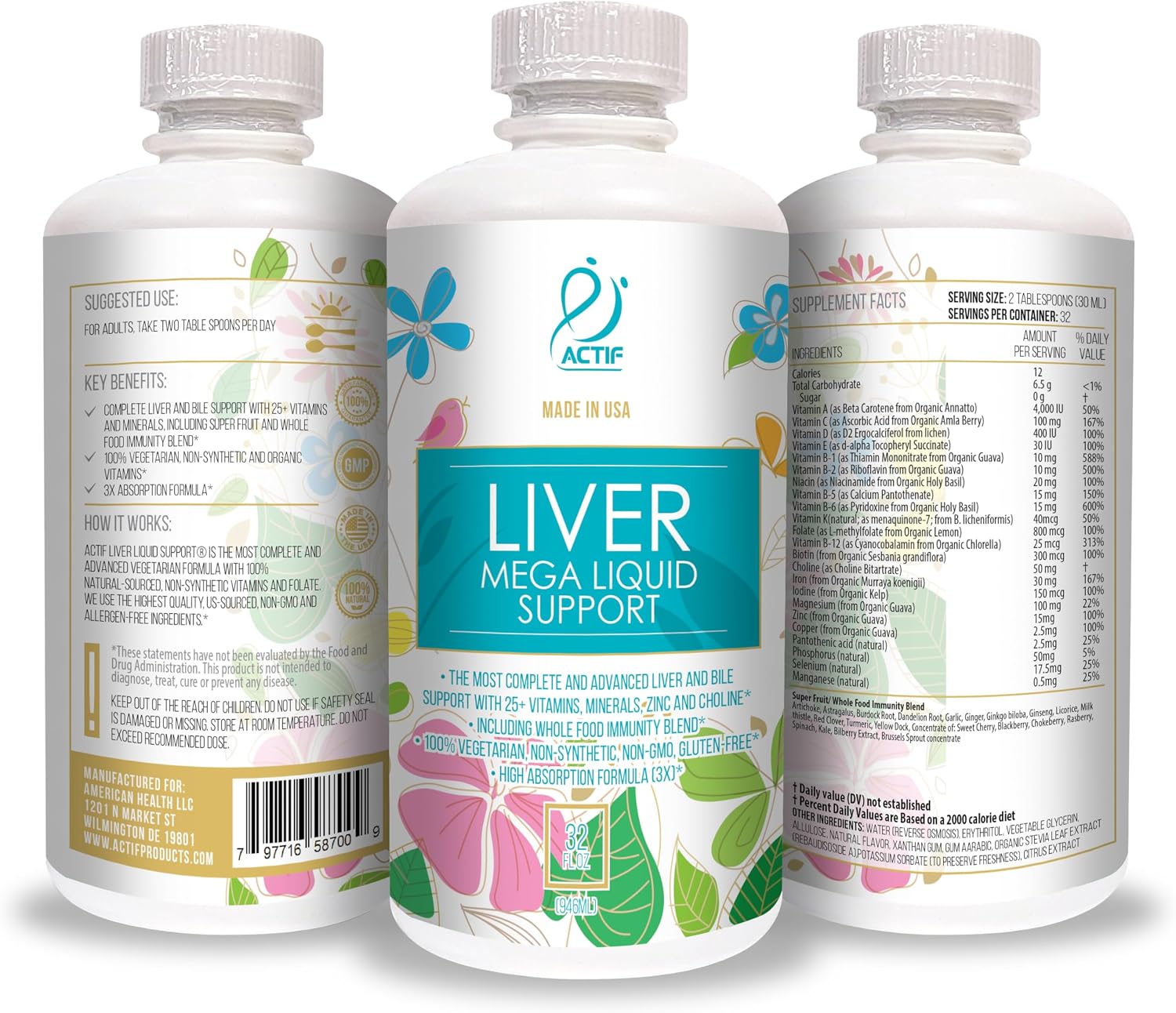 Actif Liver Mega Liquid Support - Suplemento Hepático Completo, 32 oz