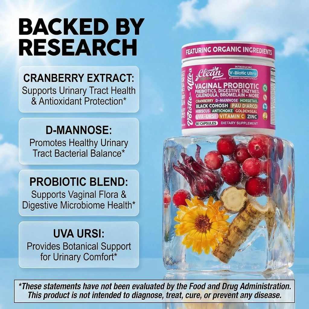 Clean Nutra Vaginal Probiotics for Women + Prebiotics Digestive Enzymes Bromelain Cranberry D Mannose Horsetail Black Cohosh Artichoke Hibiscus Flowers Probiotic for Digestive Health 90 Vegan Capsules