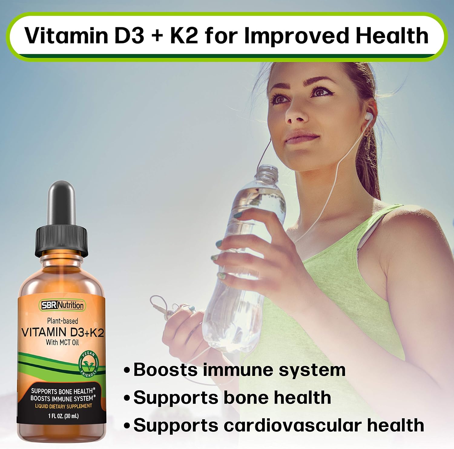 Vitamina D3 + K2 (MK-7) Gotas Veganas con Aceite MCT y Sabor a Menta