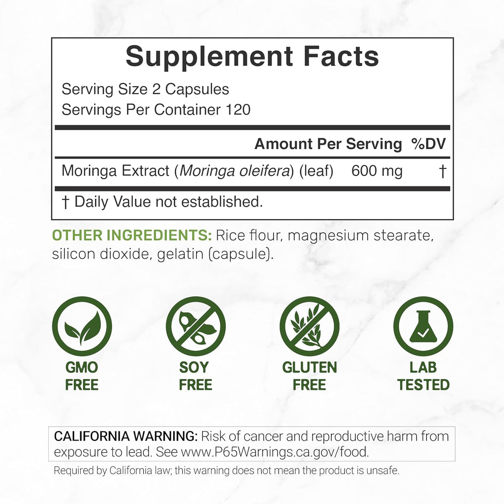 Cápsulas de Moringa 240 Cápsulas – Extracto Puro de Hoja de Moringa – Superalimento Verde Completo